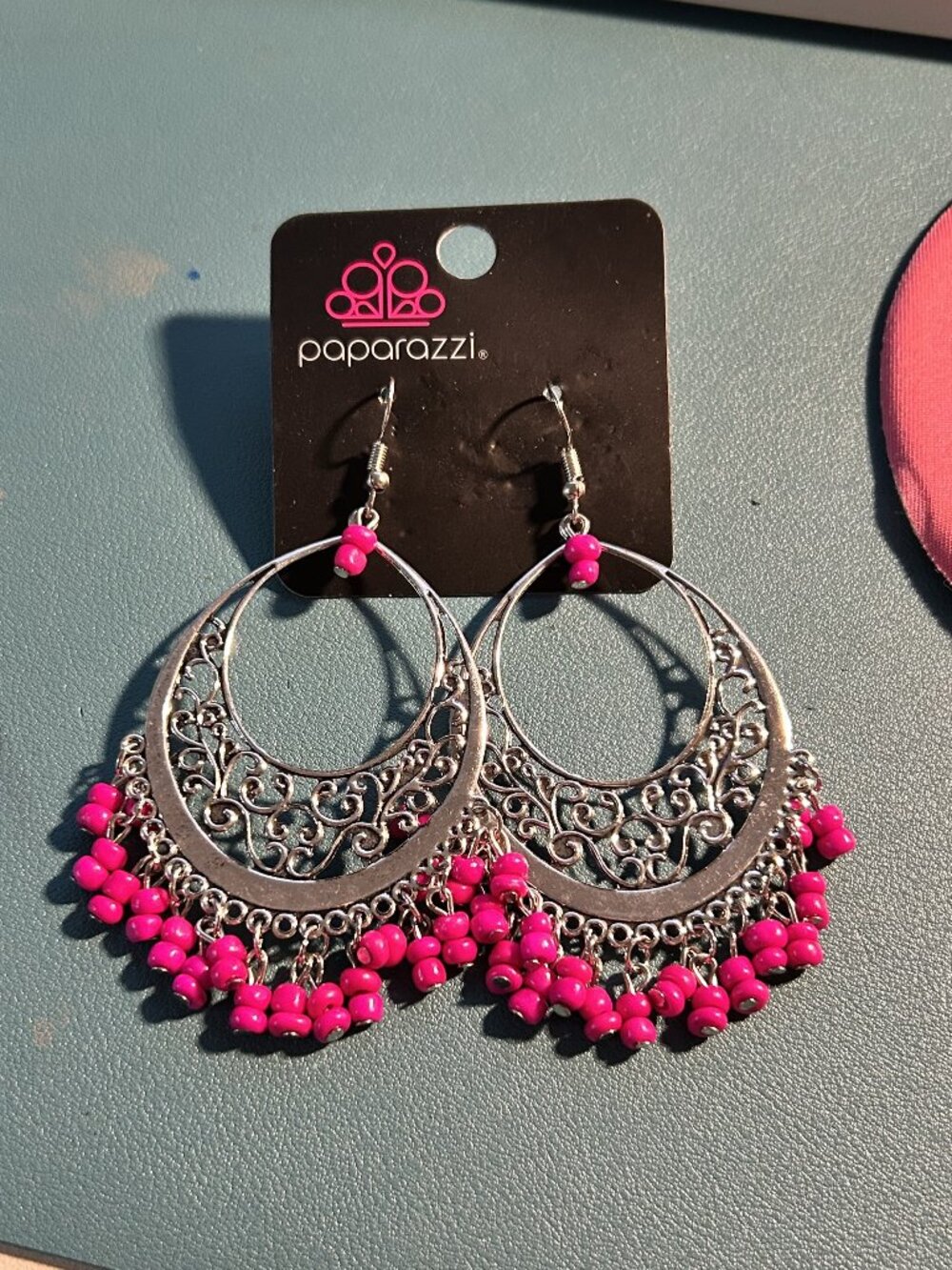 Paparazzi Hot Pink Beaded Filigree Hoop Earrings Boho Statement